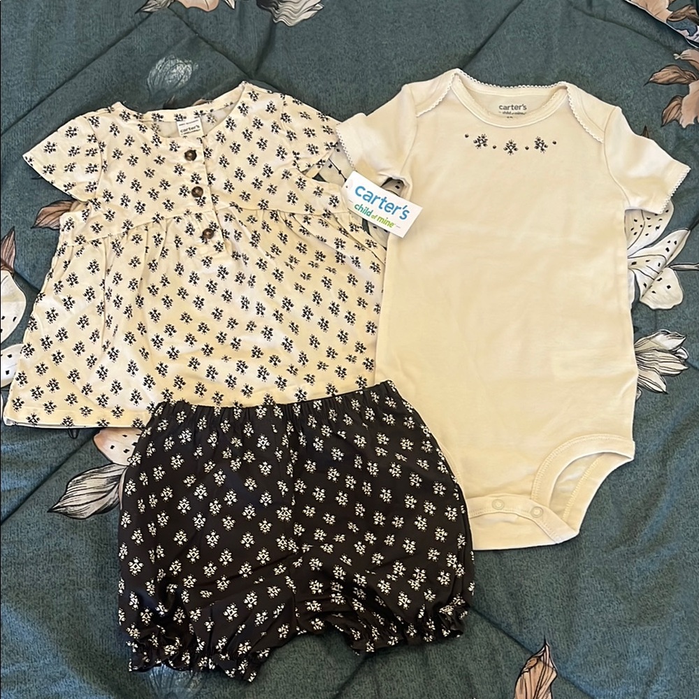 Carters Child of Mine Black and Cream Ikat 3 piece set 18 months NWT